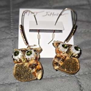 Betsey Johnson Gold and Green Owl Earrings